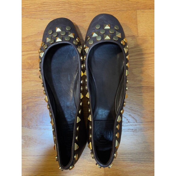 Tory Burch studded Lamb Leather Baller Flats Brown  8.5 - Picture 2 of 7